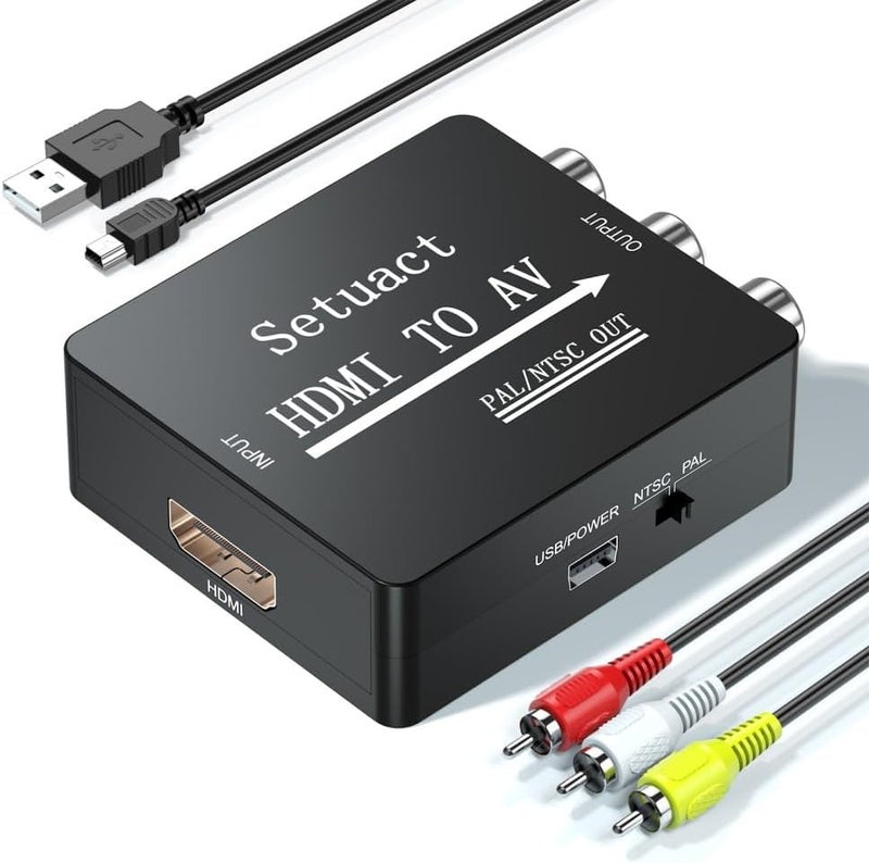 Setuact HDMI to AV Converter, HDMI to RCA Converter, Supports PAL/NTSC for Apple TV, Roku, Fire Stick, Blu-ray, DVD Player, Older TV, Projector, (with Male RCA Cables) - Image 1